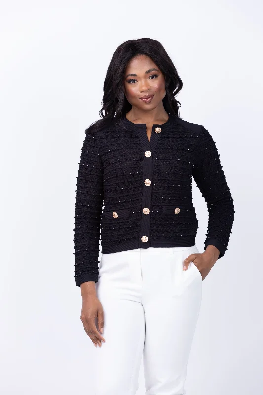 Milly Beaded Textured Cardigan Jacket in Black Lace Blend Ribbed Blend Corduroy Blend