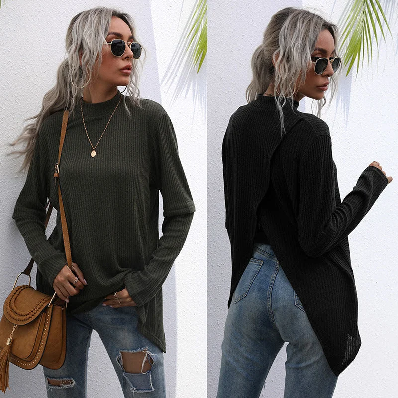 IKEARLAX New Popular trade long-sleeved top split-ended sweater medium and long popular autumn irregular splicing knitted sweater Fleece Fabric Down Fabric Feather Fabric