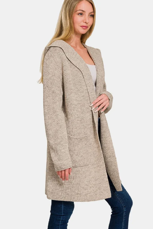 Zenana Hooded Open Front Sweater Cardigan Casual Formal Business