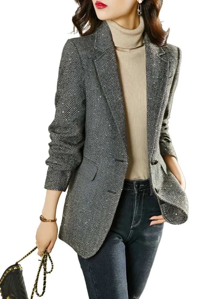 Sequins Wool Blend Blazer Women Spring Jackets Warm Outerwears Vintage Elegant Casual Business Woolen Tailored Coat Women's Vacation Suit