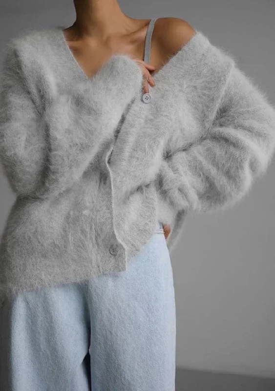 Miss Sparkling Oversized Button Front Fuzzy Cardigan in Light Grey Iron Safe Non-Iron Wrinkle Free