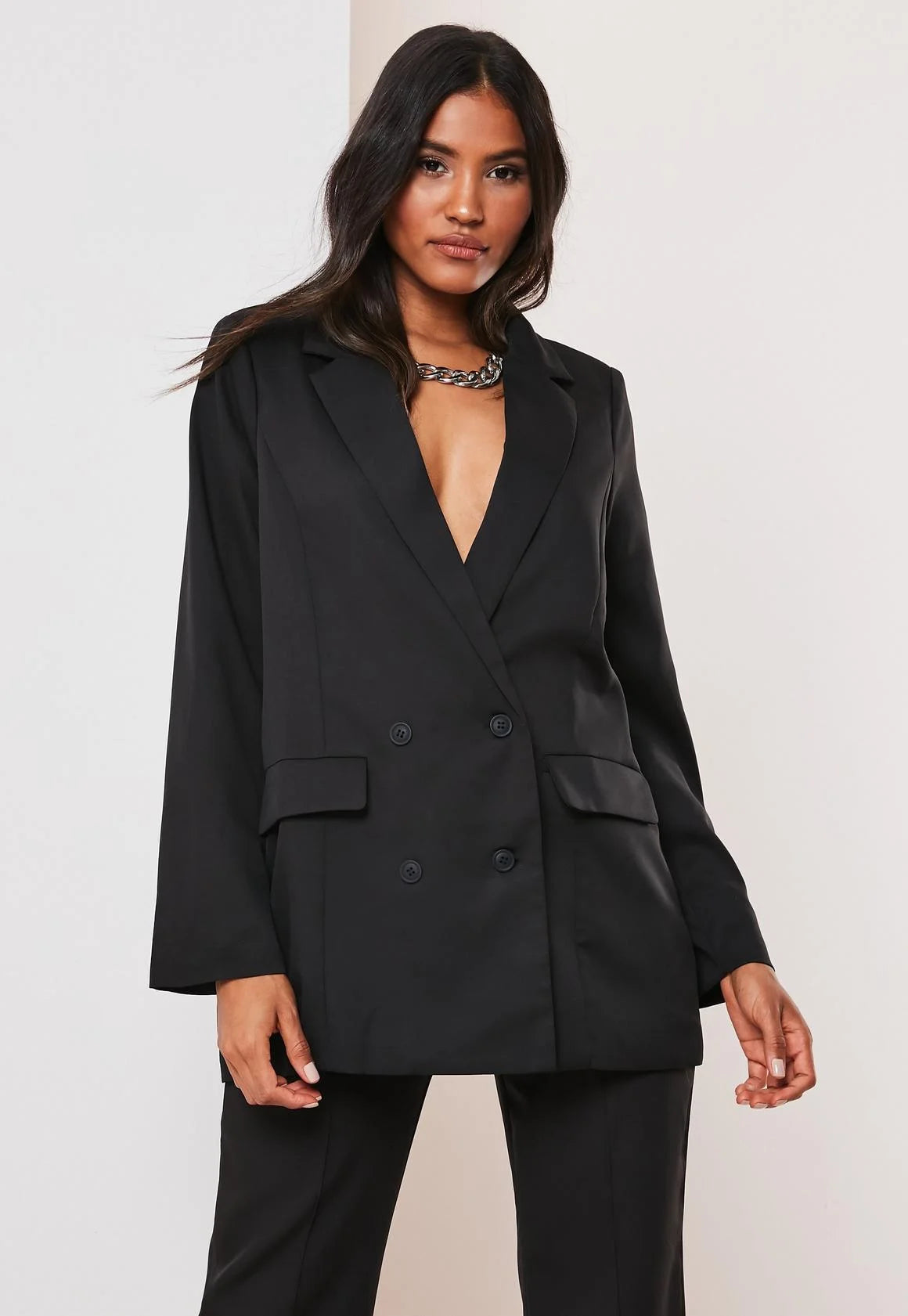 Double Breasted Oversized Blazer Black Women's Trendy Jacket