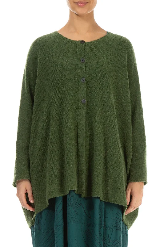 Loose Boxy Dark Sage Wool Cardigan Handmade Hand-knitted Hand-woven