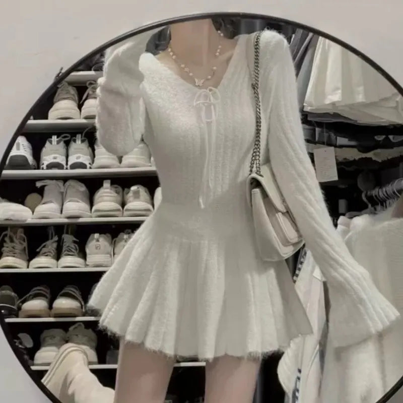 Wjczt Sexy Solid Autumn Winter Elegant Knitted Dresses for Woman Y2K Harajuku Slim Sweater Dress New Korean Chic Mini Party Dress 2024 Neon Metallic Matte
