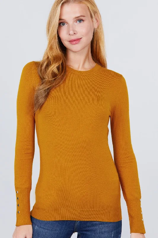 Crew Neck Sweater W/rivet Button Satin Blend Silk Blend Wool Blend