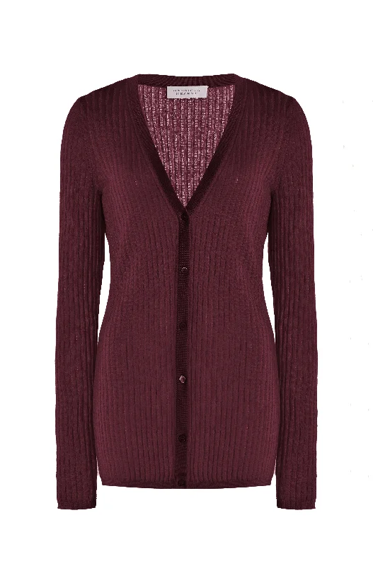Emma Pointelle Knit Cardigan in Bordeaux Cashmere Silk Cable Knit Ribbed Knit Lace Knit Emma Pointelle Knit Cardigan in Bordeaux Cashmere Silk Cable Knit Ribbed Knit Lace Knit