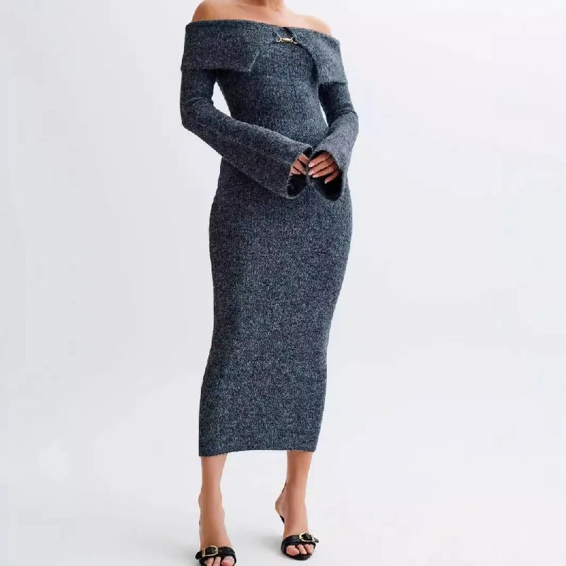 IKEARLAX Knitted sweater dress flared sleeve long dress dress sweater 2025 women's clothing new one-word collar long dress Seamless Knitted Crochet