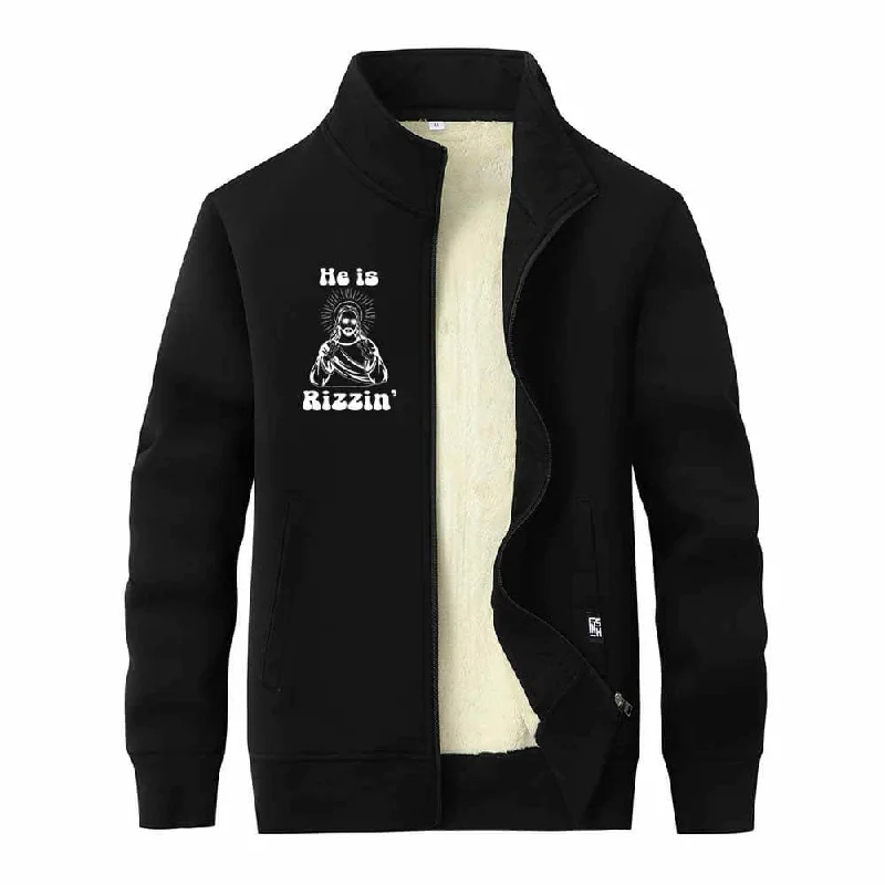 He Is Rizzin Christian Stand Collar Zip Fleece Cardigan Asymmetrical,ymmetric Pencil Cardigan