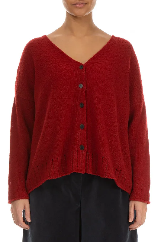 Ribbed V-Neck Red Wool Cardigan Mesh Fabric Canvas Fabric Denim Fabric