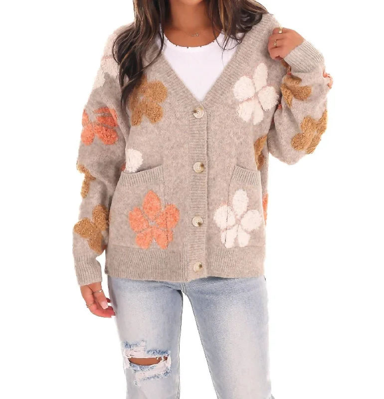 Floral Fantasy Cardigan In Mocha Iron Safe Non-Iron Wrinkle Free