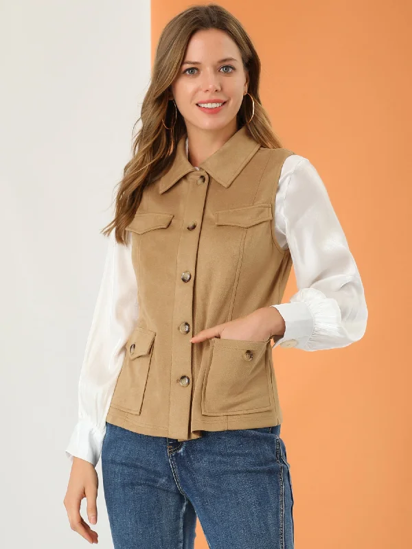 Faux Suede Vest Utility Buttoned Sleeveless Jacket with Cargo Pocket Collared Jacket Crew Neck Jacket Turtle Neck Jacket