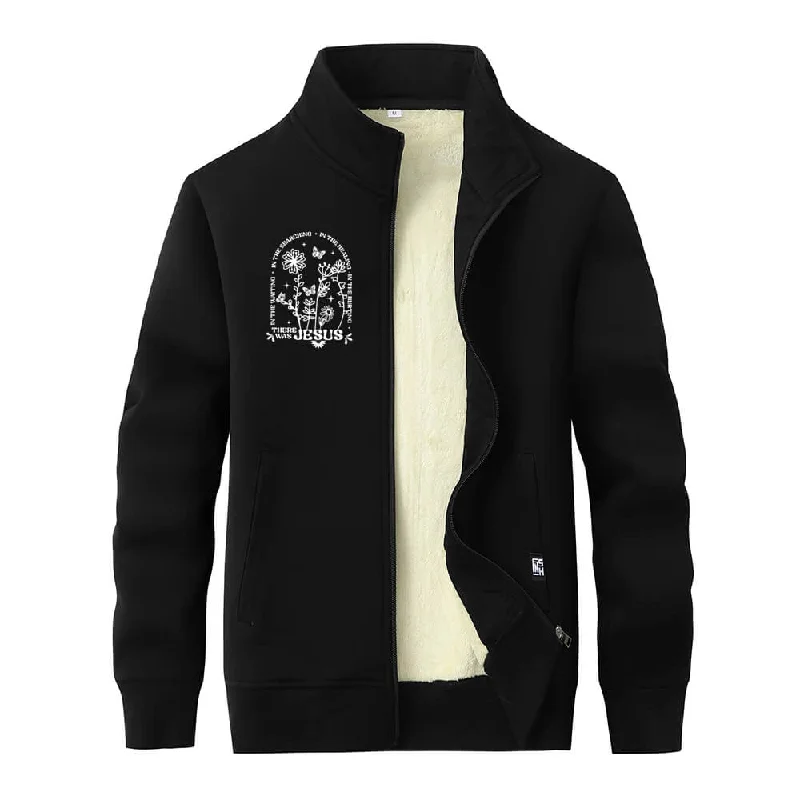 There Was Jesus Flower Stand Collar Zip Fleece Cardigan Stylish Fashionable Trendy