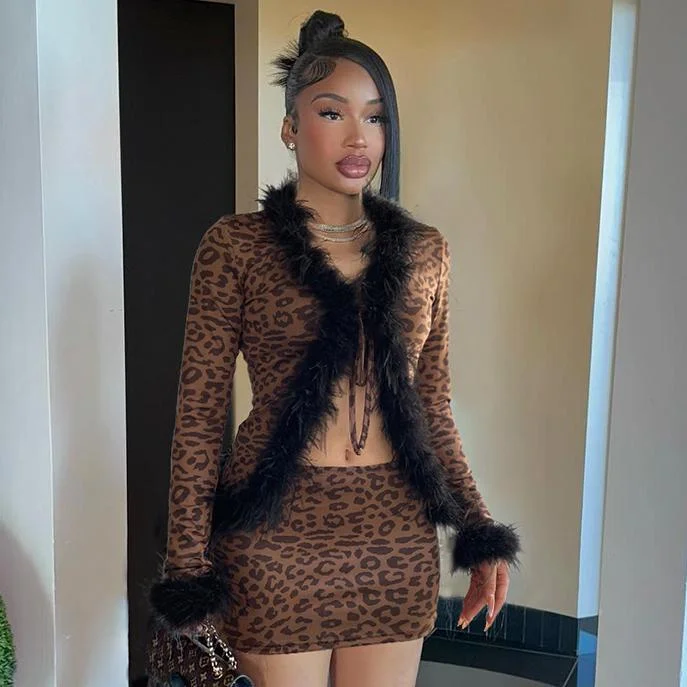 Sexy Furry Stitching Tied Cardigan Long Sleeved Top Leopard Print Skirt Set Two Piece Set Hooded Cardigan Collared Cardigan Shawl Collar
