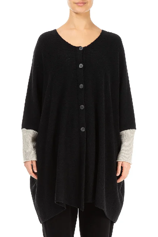 Loose Boxy Black Off White Wool Cardigan Patchwork Embroidered Appliqued