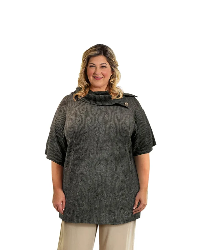 On The Plus Side Plus Size Button Cowl Neck Short Sleeve Tunic Sweater Real Fur Shearling Chenille