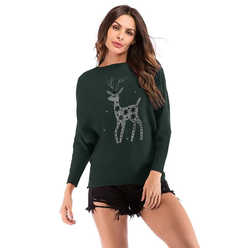 IKEARLAX  women's clothing popular autumn 2025 bat-sleeved Christmas reindeer knitted sweater one-word collar pullover long-sleeved sweater women Long Sweater Short Sweater Cropped Sweater