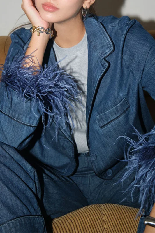 Washed Solid Color Feather Trim Cool Denim Blazer & Jeans Women's Classic Suit