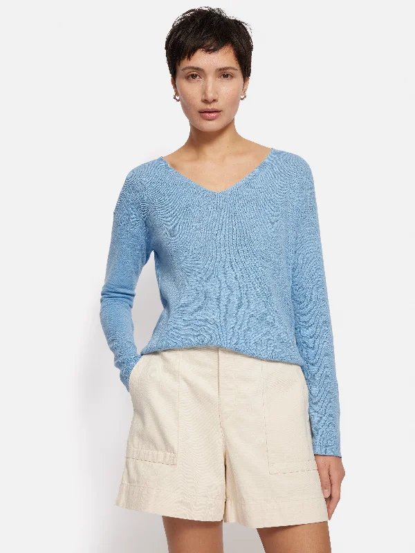 Linen Cotton V Neck Jumper | Blue Chenille Brocade Lace