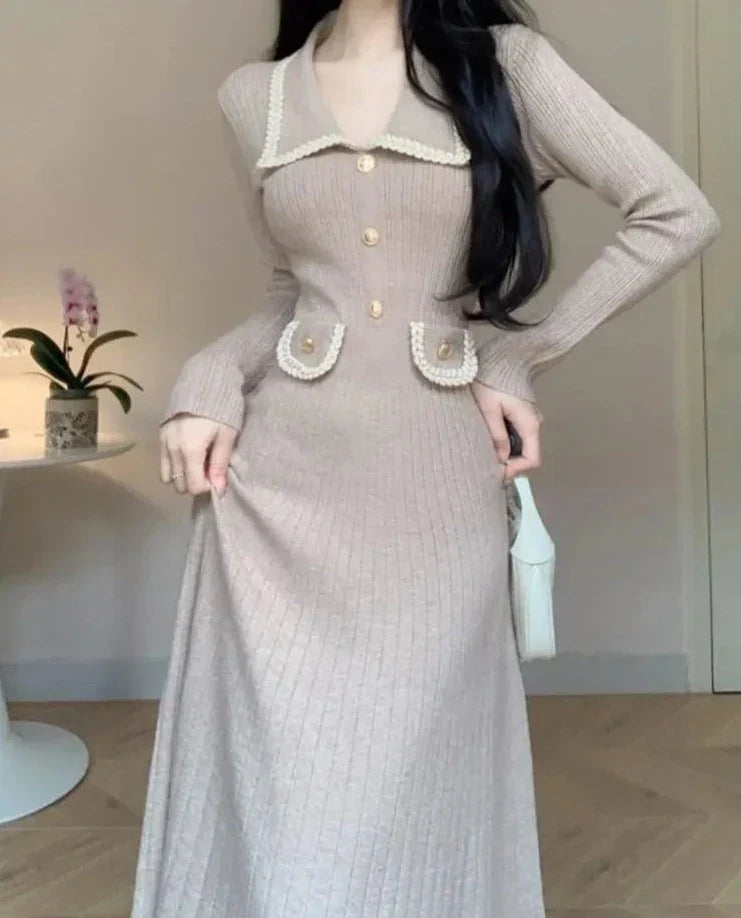 Wjczt Autumn Winter Long Sleeve Knitting Midi Dress Women Fashion Turn Down Collar Button Sweater Clothes Female Soft Ribbed Jumper Velvet Chenille Corduroy