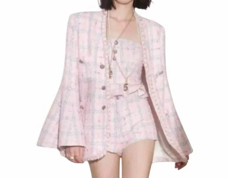 Bell Sleeve Blazer & Short 2 Piece Set In Pink/tweed Women's Fashion Blazer