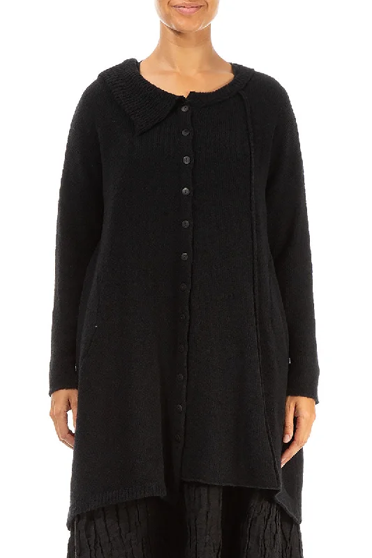 Asymmetrical Black Wool Cardigan Transparent Opaque Sheer