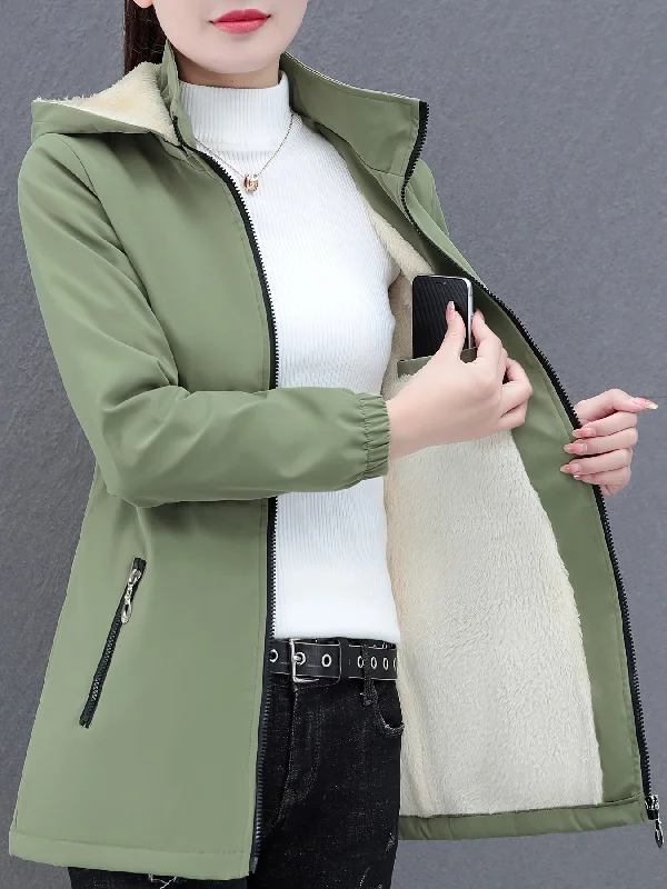 Autumn Winter Women's Plus Size Plush Long Sleeved Casual Hooded Jacket, Cozy Oversized Warm Coat For Women Embroidered Jacket Appliqued Jacket Beaded Jacket