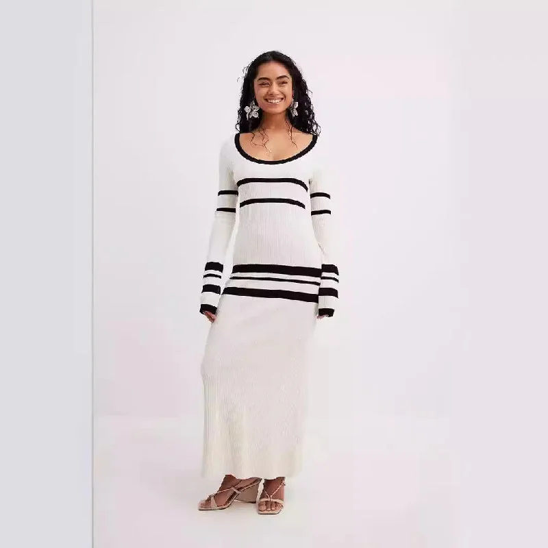 IKEARLAX Europe, America autumn and winter new cross-border women's clothing  fashion slim sweater skirt striped color matching knitted dress Satin Fabric Silk Fabric Chiffon Fabric