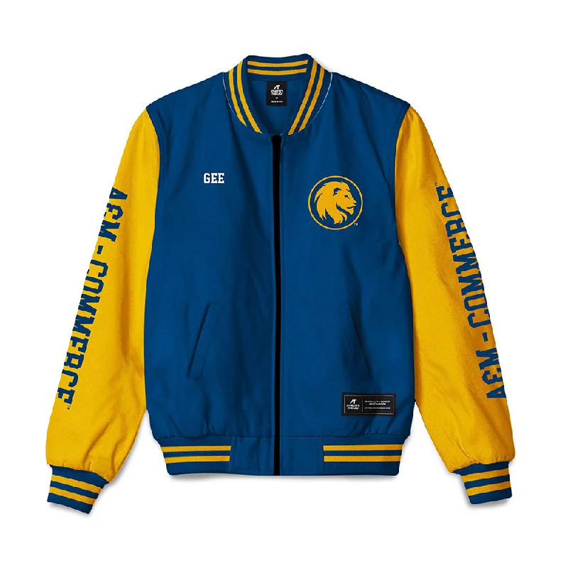 Texas A&M Commerce - NCAA Women's Track & Field : Oriana Gee - Bomber Jacket Chenille Fabric Brocade Fabric Lace Fabric