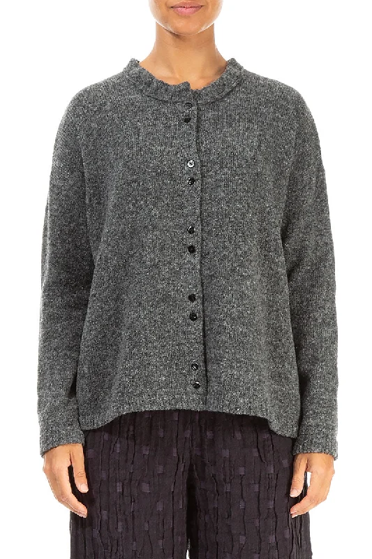 Frill Collar Grey Wool Cardigan Print Jacquard Patchwork
