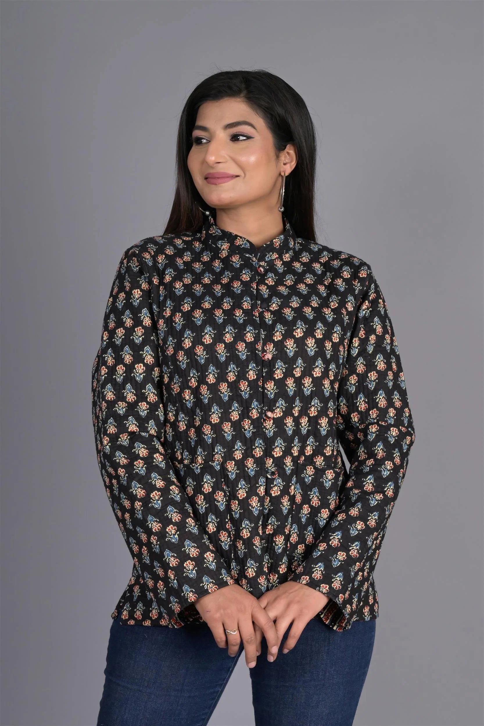Winter Reversible Black Butti Jaipuri Cotton Quilted Jackets For Women Wool Jacket Cashmere Jacket Tweed Jacket