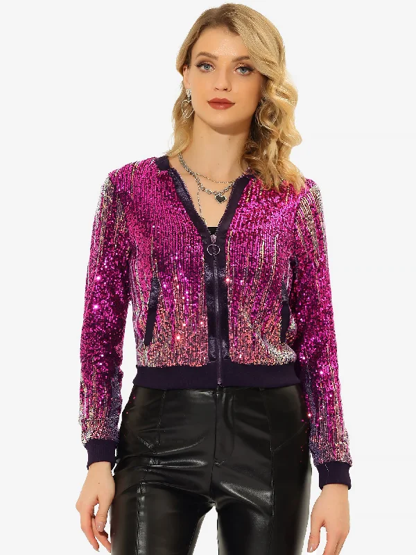 Halloween Sequin Long Sleeve Zipper Ombre Sparkle Bomber Jacket Faux Fur Jacket Real Fur Jacket Shearling Jacket