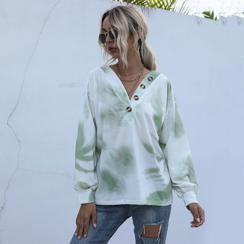 IKEARLAX popular autumn  independent station New Popular trade 2025 v-neck tie-dye contrasting color women's loose casual sweater Neon Metallic Matte