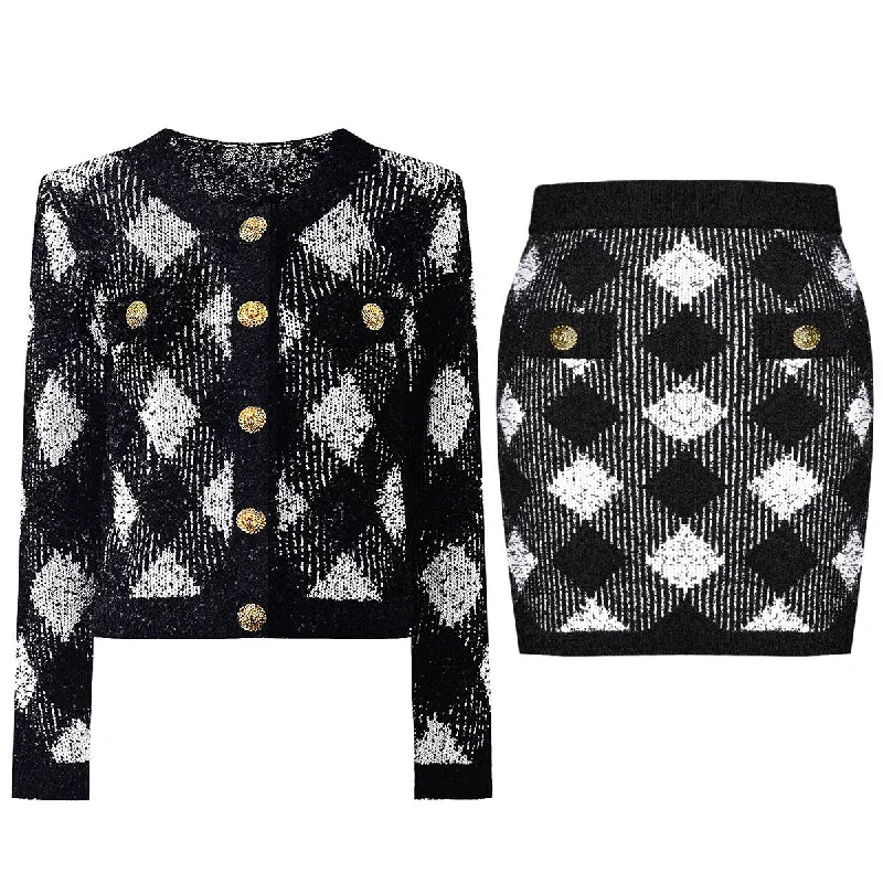 Spring Autumn Woolen Coat Heavy Industry Knitted Woolen Classic Cardigan Top Skirt Two Piece Sets Plaid Cardigan Polka Dot Checkered
