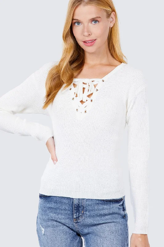 V-neck Eyelet Strap Back Sweater Embroidered Appliqued Beaded