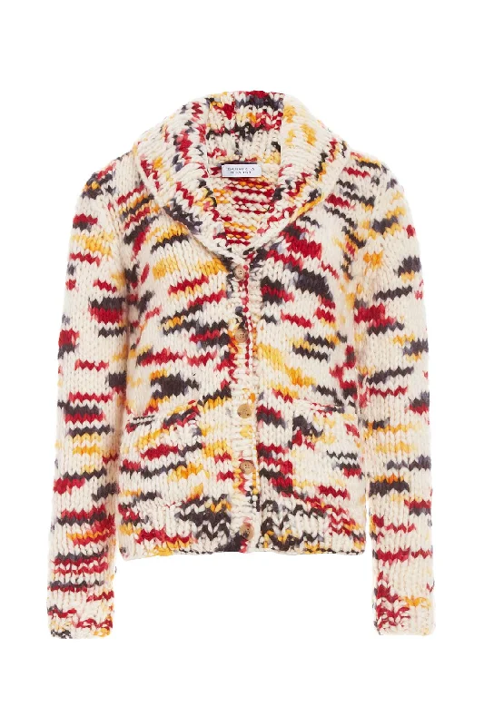 Moses Knit Cardigan in Space Dye Fire Multi Welfat Cashmere Glossy Satin Silk