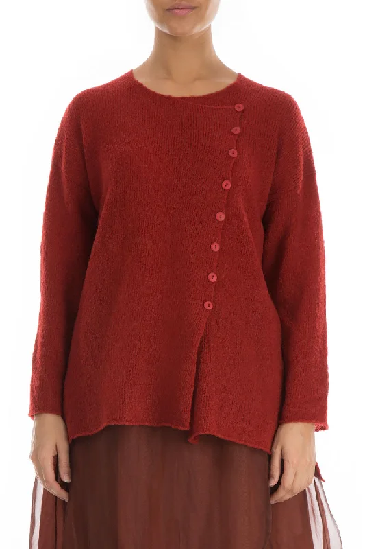 Asymmetrical Red Wool Cardigan Striped Floral Plaid