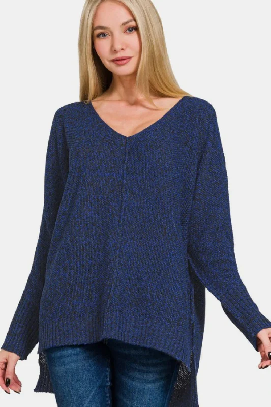 Zenana High-Low Center Seam V-Neck Sweater In Navy Jersey Fabric Tulle Fabric Batik Fabric Zenana High-Low Center Seam V-Neck Sweater In Navy Jersey Fabric Tulle Fabric Batik Fabric