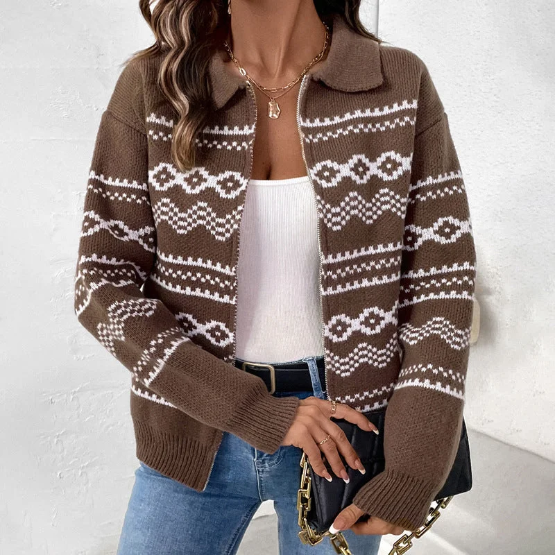 IKEARLAX 2025 ethnic style jacquard zipper cardigan New autumn and winter new lapel casual knitted sweater Modern Contemporary Chic