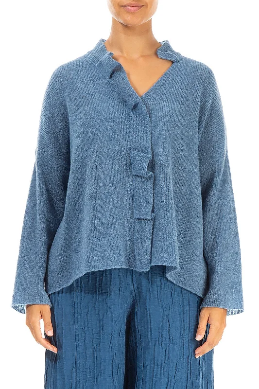 Frilled Neck Petrol Blue Wool Cardigan Knit Fabric Woven Fabric Fleece Fabric