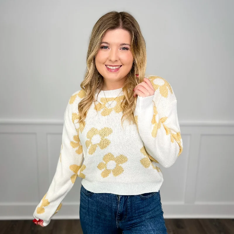 Summer Daisy Knit Long Sleeve Ivory Avery Mae Cropped Sweater Top Welt Pockets Slit Pockets Flap Pockets Summer Daisy Knit Long Sleeve Ivory Avery Mae Cropped Sweater Top Welt Pockets Slit Pockets Flap Pockets