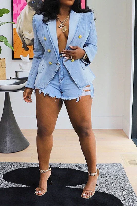 Gradient Denim Pretty Peak Lapel Blazer Women's Designer Suit