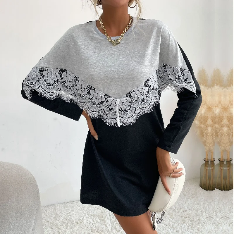 IKEARLAX New  2023 Autumn New Crew Neck Pullover Lace Splicing Contrasting Color Medium and Long Sweater Women Anti-Pilling Anti-Shrink Durable