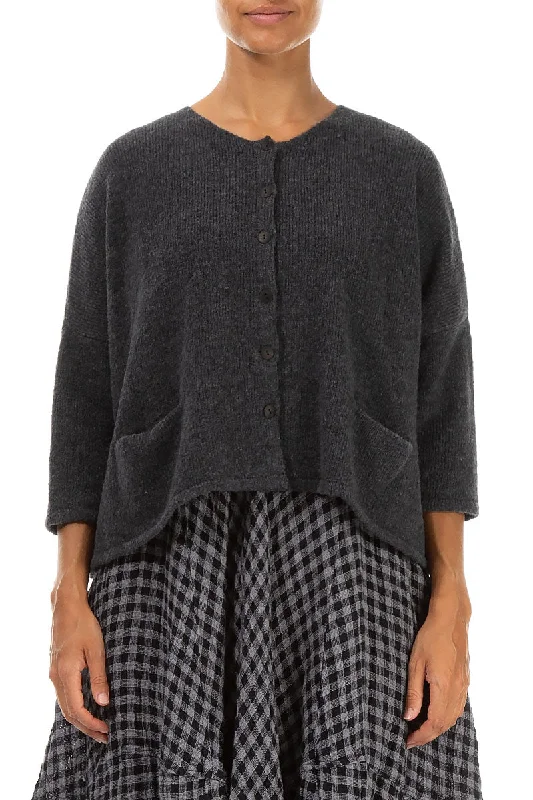 Short Loose Dark Grey Wool Cardigan Elegant Classic Vintage