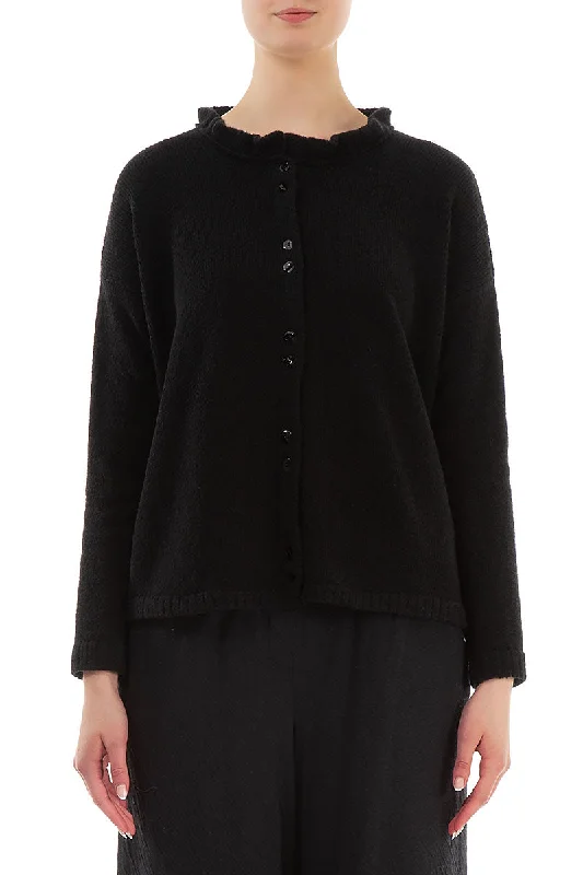 Frill Collar Black Wool Cardigan Toggled Drawstring Belted