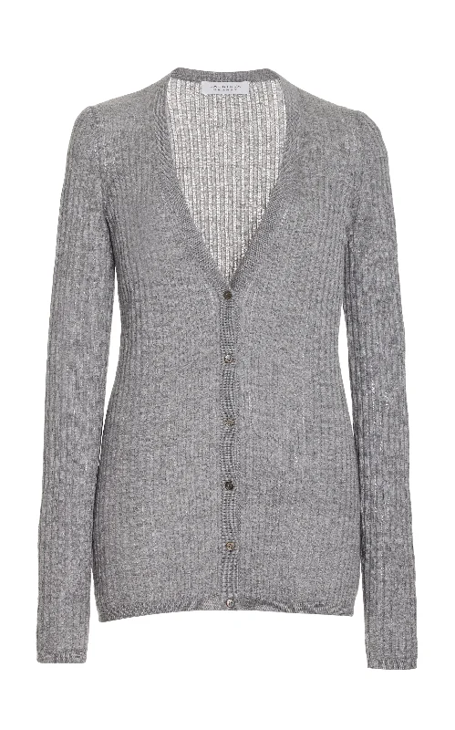 Emma Pointelle Knit Cardigan in Heather Grey Cashmere Silk Fitted Slim Tailored