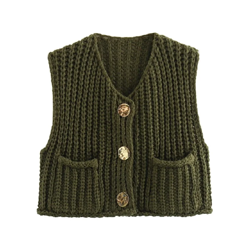 Rosa Clothing Knit Cardigan Gilet With Pocket in Olive Plaid Cardigan Polka Dot Checkered