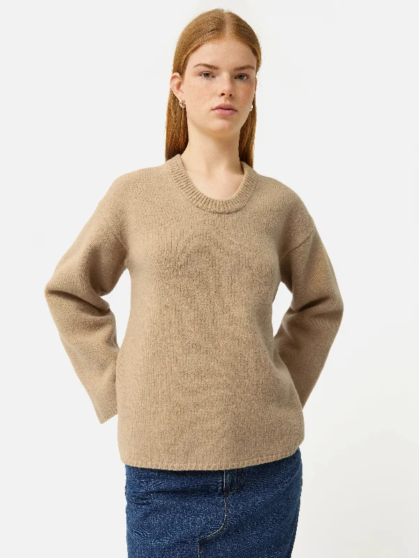 Merino U Neck Jumper | Camel Real Fur Shearling Chenille