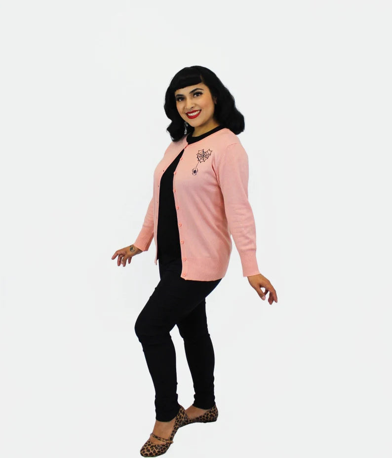 Embroidered Webbed Heart Pink Knit Cardigan #E-WHPC Neon metallic Matte