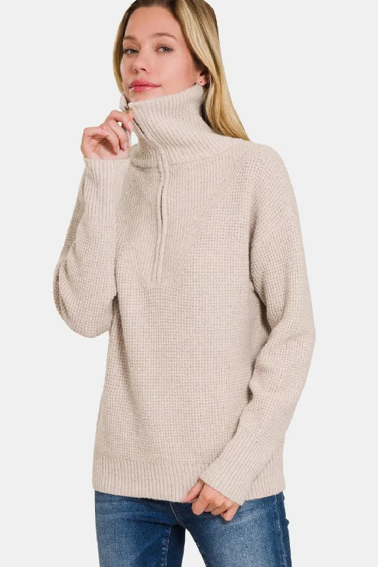 Zenana Half Zip Long Sleeve Sweater In Mocha Spandex Rayon Corduroy