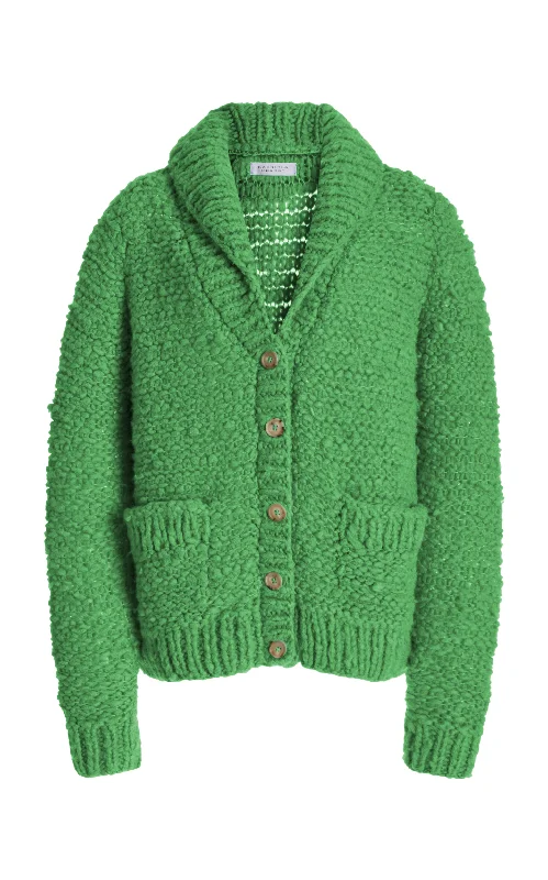 Moses Knit Cardigan in Peridot Green Welfat Cashmere Hooded Caped Shawl Collar